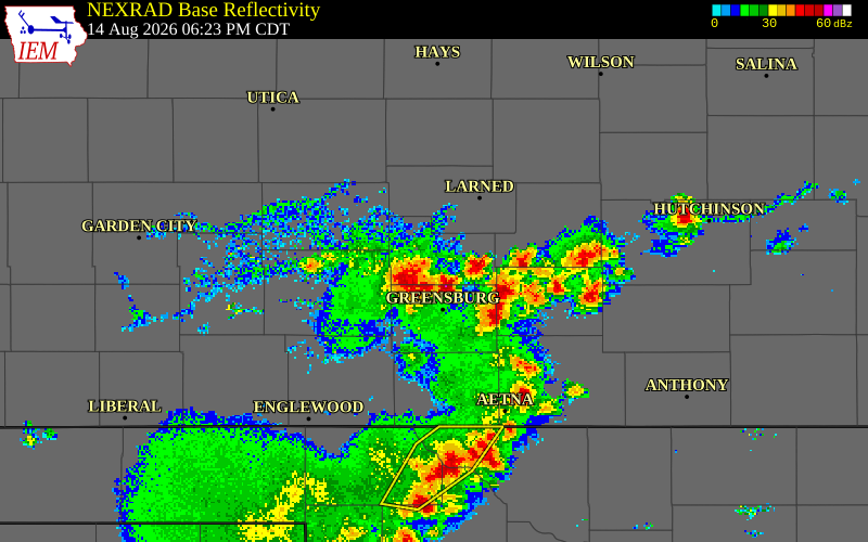 NEXRAD radar during the Friday, August 14, 2026 storm activity in Edwards County, Kansas