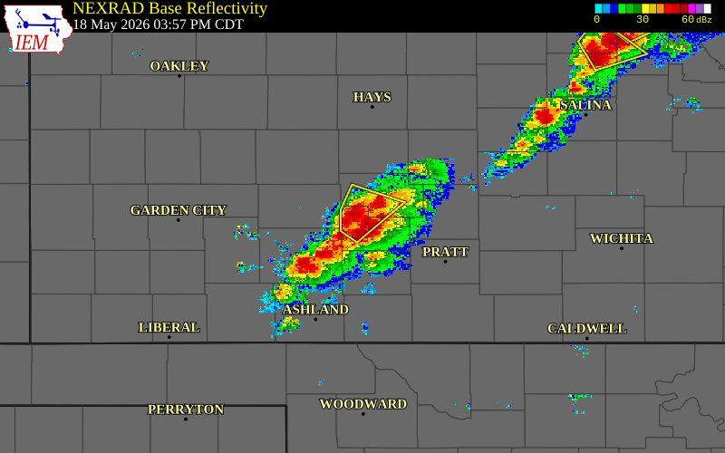 Radar snapshot during the May 18, 2026 hail event near 1 NE Kinsley, Edwards County, Kansas, with NWS warning polygons