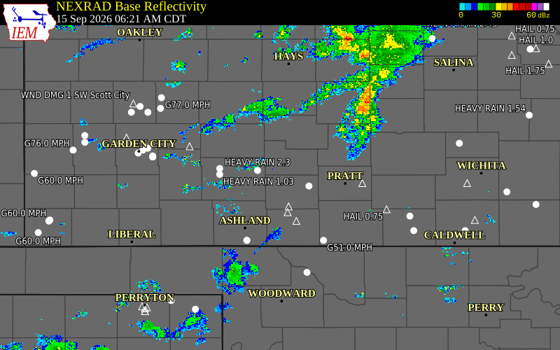 Current NEXRAD radar over Edwards County, Kansas with recent storm report locations