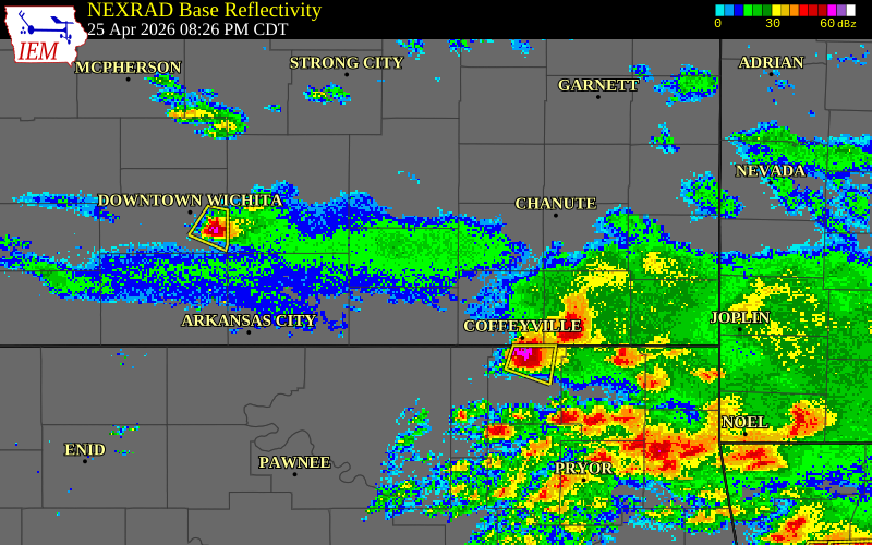 NEXRAD radar during the Saturday, April 25, 2026 storm activity in Elk County, Kansas