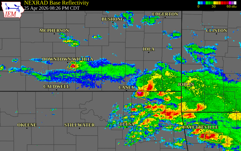 Radar snapshot during the Apr 25, 2026 hail event near Longton, Elk County, Kansas, with NWS warning polygons