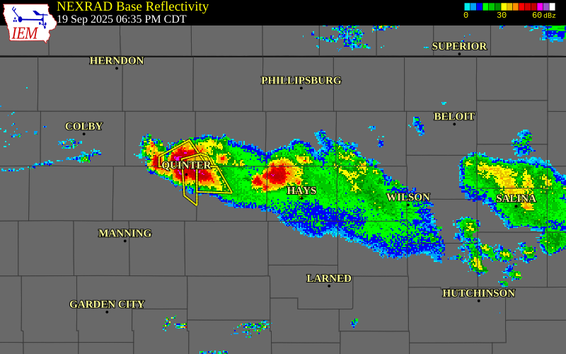 NEXRAD radar during the Friday, September 19, 2025 storm activity in Ellis County, Kansas