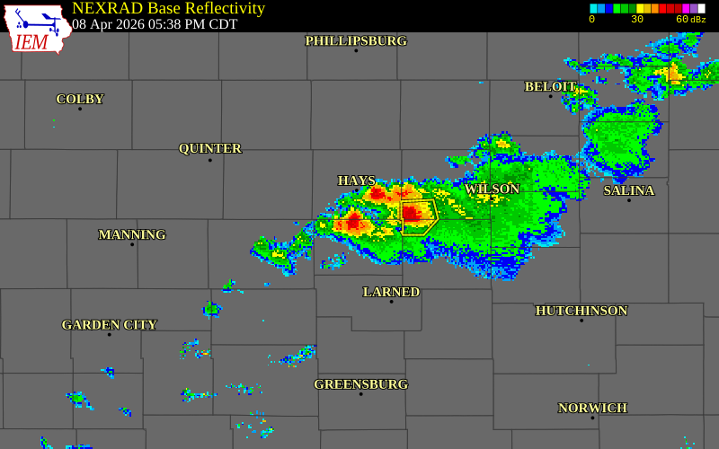 NEXRAD radar during the Wednesday, April 8, 2026 storm activity in Ellis County, Kansas