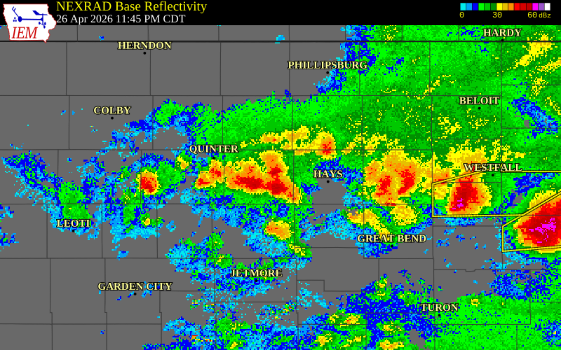 NEXRAD radar during the Sunday, April 26, 2026 storm activity in Ellis County, Kansas