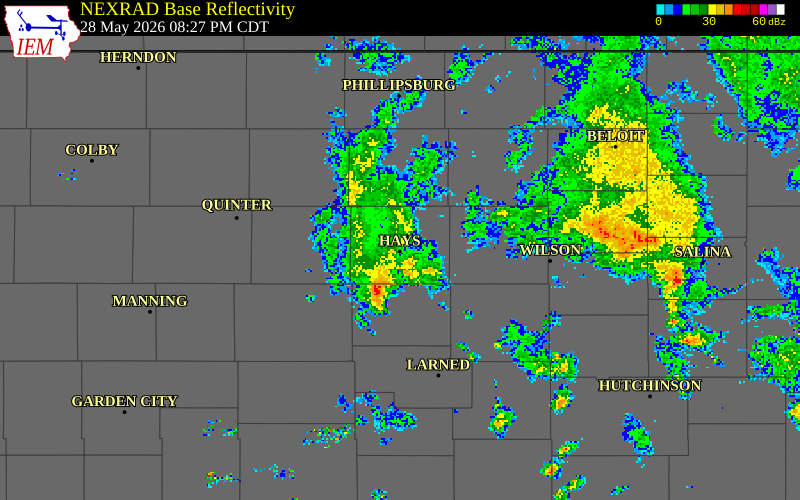 NEXRAD radar during the Thursday, May 28, 2026 storm activity in Ellis County, Kansas