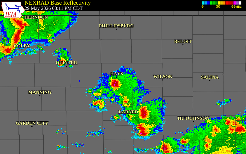 NEXRAD radar during the Friday, May 29, 2026 storm activity in Ellis County, Kansas