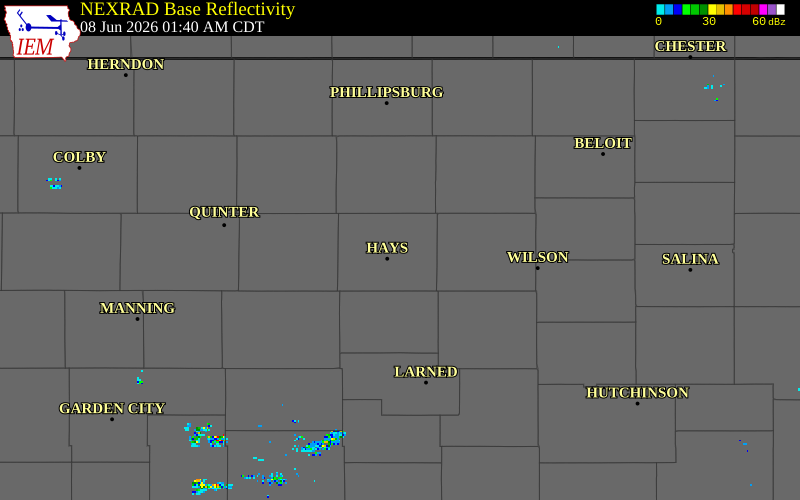 NEXRAD radar during the Monday, June 8, 2026 storm activity in Ellis County, Kansas