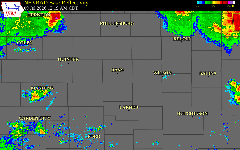NEXRAD radar during the Thursday, July 9, 2026 storm activity in Ellis County, Kansas