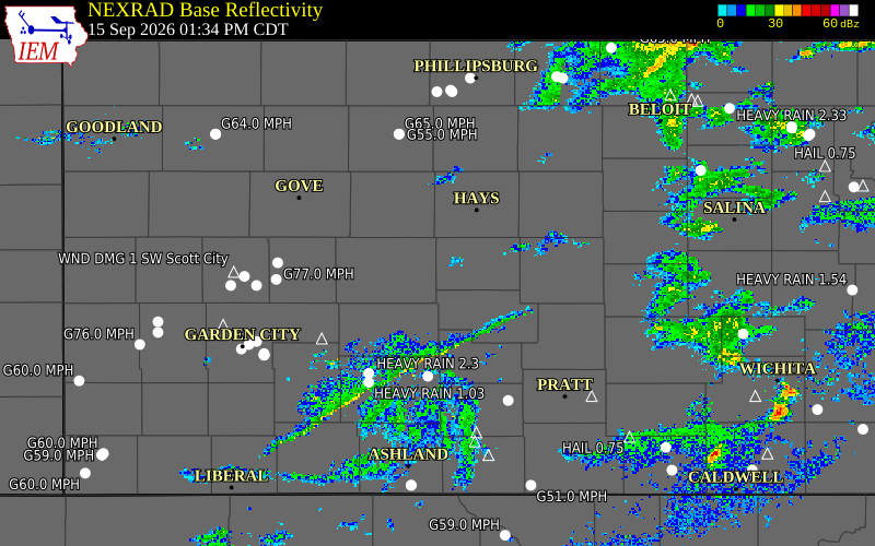 Current NEXRAD radar over Ellis County, Kansas with recent storm report locations