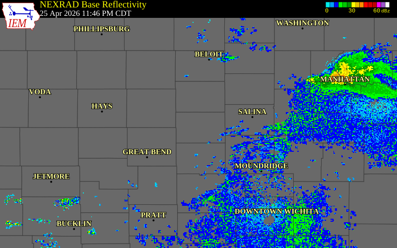 NEXRAD radar during the Saturday, April 25, 2026 storm activity in Ellsworth County, Kansas