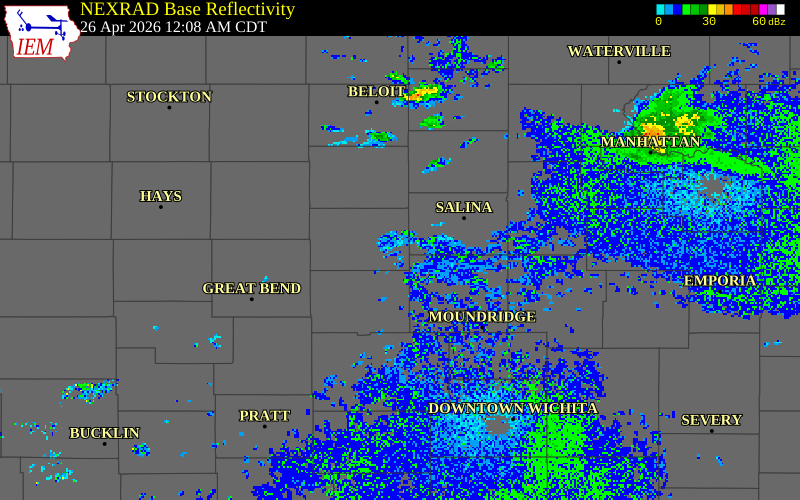 NEXRAD radar during the Sunday, April 26, 2026 storm activity in Ellsworth County, Kansas