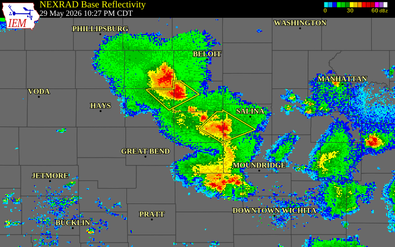 NEXRAD radar during the Friday, May 29, 2026 storm activity in Ellsworth County, Kansas