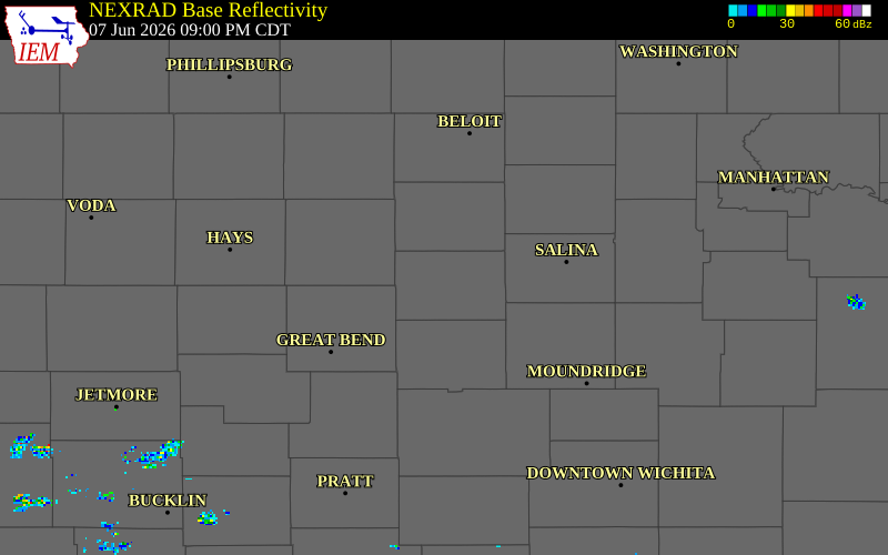 NEXRAD radar during the Sunday, June 7, 2026 storm activity in Ellsworth County, Kansas