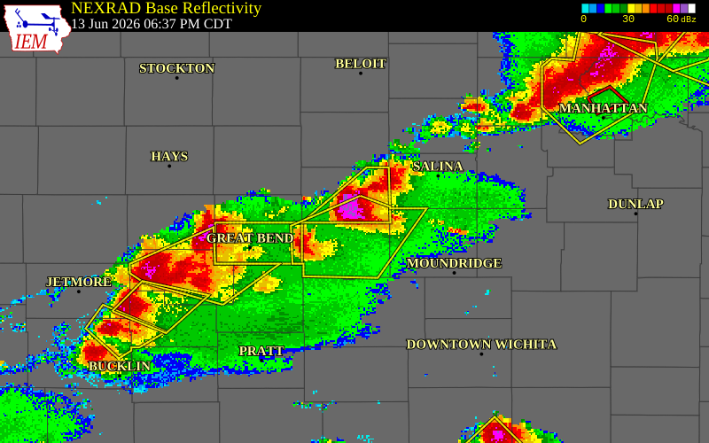 NEXRAD radar during the Saturday, June 13, 2026 storm activity in Ellsworth County, Kansas