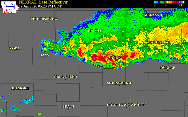 NEXRAD radar during the Friday, June 19, 2026 storm activity in Ellsworth County, Kansas