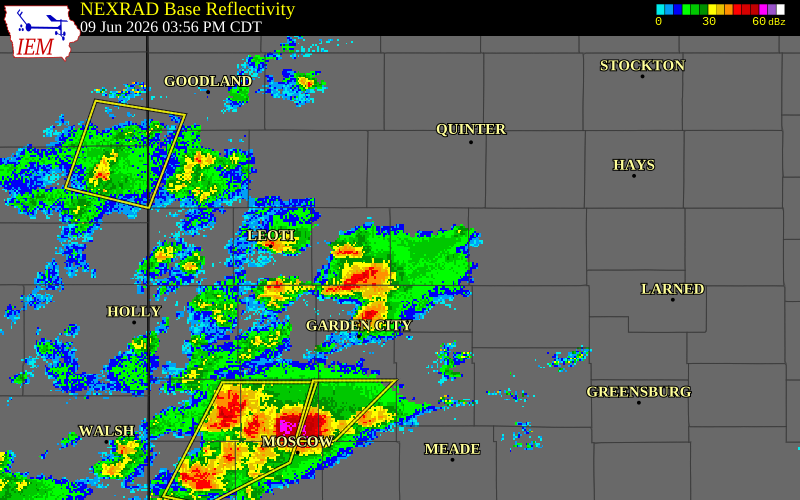 NEXRAD radar during the Tuesday, June 9, 2026 storm activity in Finney County, Kansas
