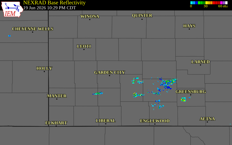 NEXRAD radar during the Friday, June 19, 2026 storm activity in Finney County, Kansas