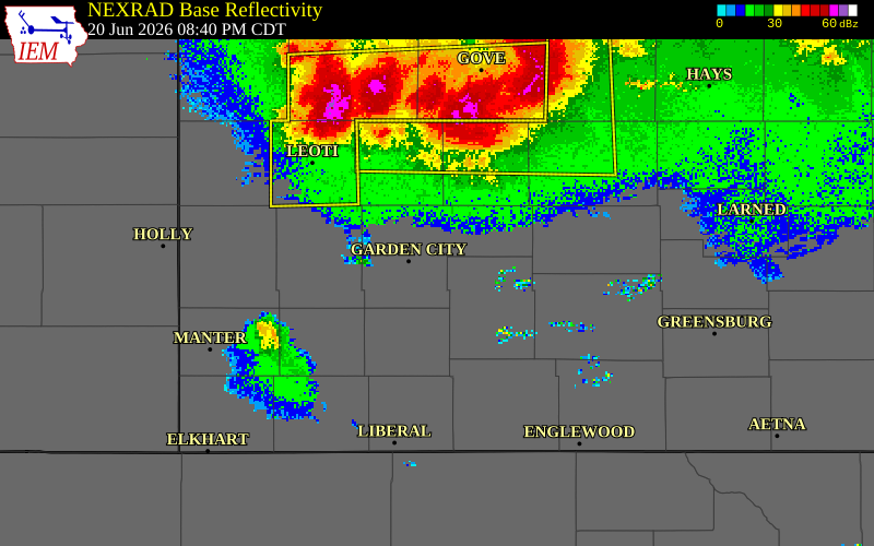 NEXRAD radar during the Saturday, June 20, 2026 storm activity in Finney County, Kansas