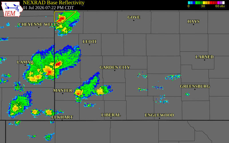 NEXRAD radar during the Wednesday, July 1, 2026 storm activity in Finney County, Kansas