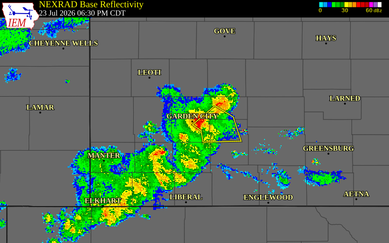 NEXRAD radar during the Thursday, July 23, 2026 storm activity in Finney County, Kansas