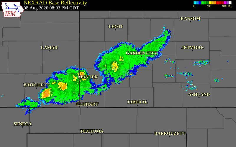 NEXRAD radar during the Saturday, August 8, 2026 storm activity in Finney County, Kansas