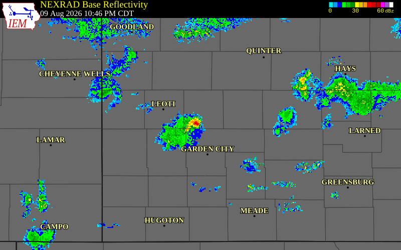 NEXRAD radar during the Sunday, August 9, 2026 storm activity in Finney County, Kansas