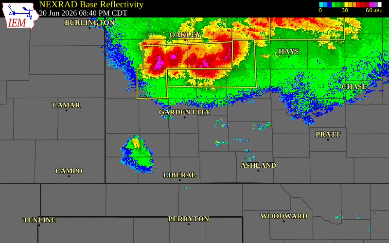 Radar snapshot during the Jun 20, 2026 wind event near 3 NW Pierceville, Finney County, Kansas, with NWS warning polygons