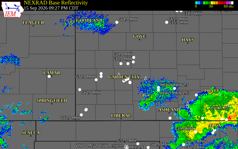 Current NEXRAD radar over Finney County, Kansas with recent storm report locations