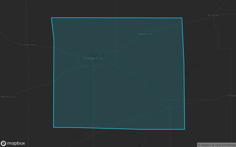 Map of Ford County, Kansas showing the county boundary and surrounding cities