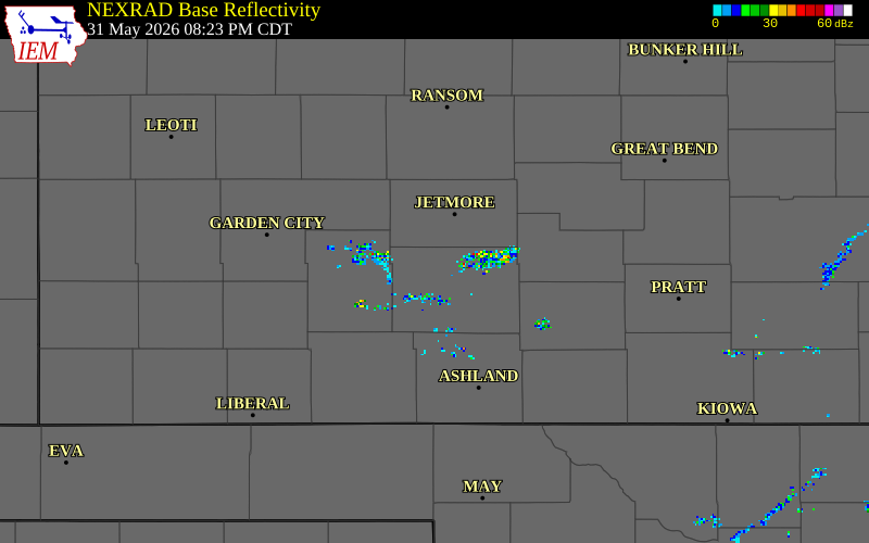 NEXRAD radar during the Sunday, May 31, 2026 storm activity in Ford County, Kansas