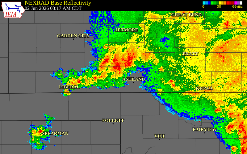 NEXRAD radar during the Tuesday, June 2, 2026 storm activity in Ford County, Kansas