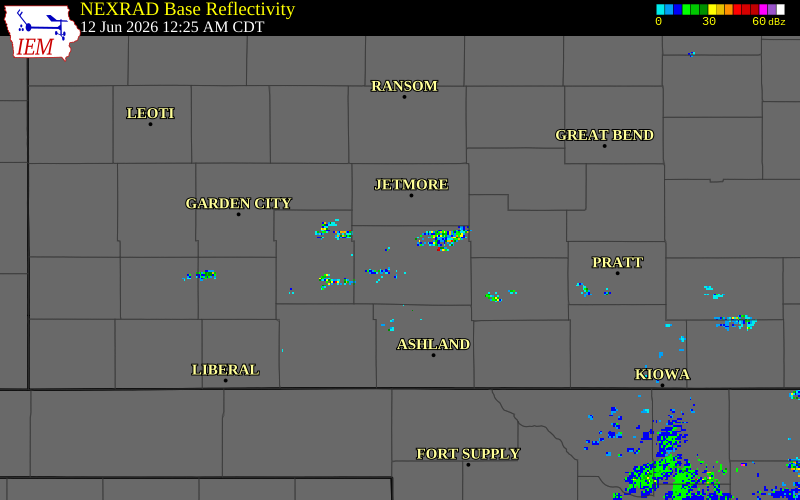 NEXRAD radar during the Friday, June 12, 2026 storm activity in Ford County, Kansas