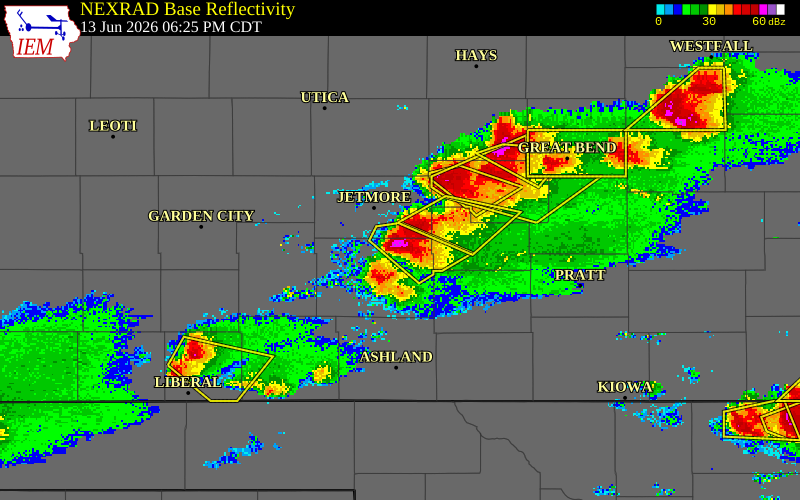 NEXRAD radar during the Saturday, June 13, 2026 storm activity in Ford County, Kansas