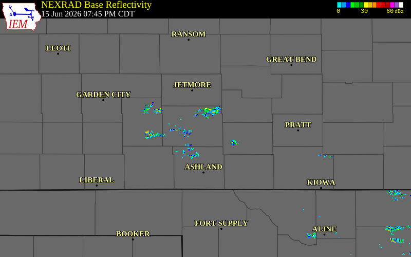 NEXRAD radar during the Monday, June 15, 2026 storm activity in Ford County, Kansas
