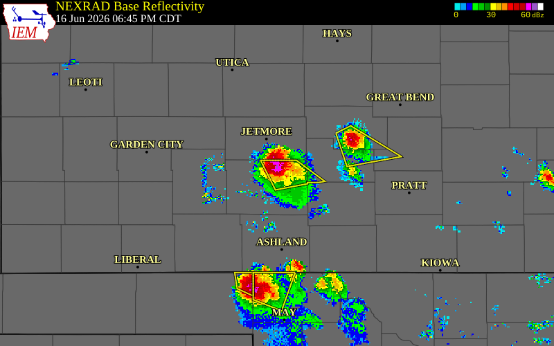 NEXRAD radar during the Tuesday, June 16, 2026 storm activity in Ford County, Kansas