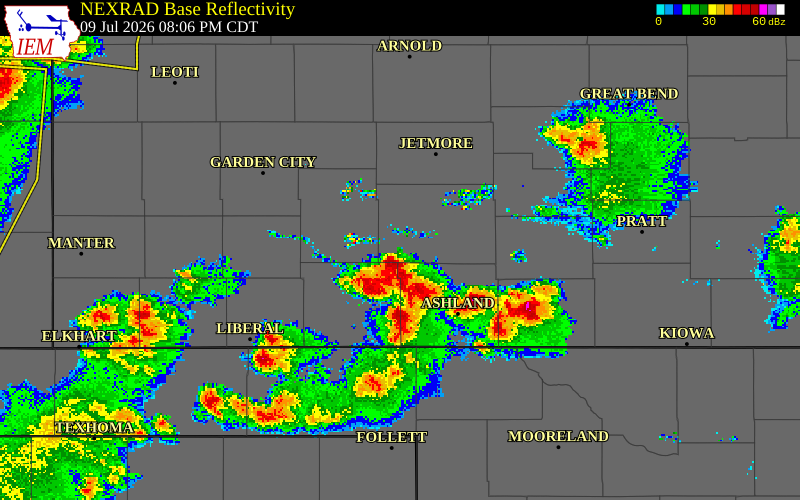 NEXRAD radar during the Thursday, July 9, 2026 storm activity in Ford County, Kansas