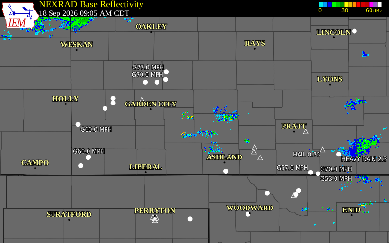 Current NEXRAD radar over Ford County, Kansas with recent storm report locations