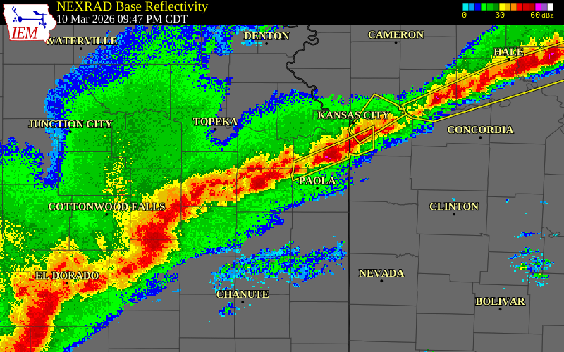 NEXRAD radar during the Tuesday, March 10, 2026 storm activity in Franklin County, Kansas