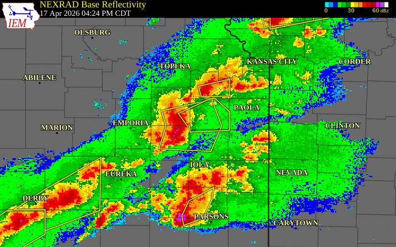 NEXRAD radar during the Friday, April 17, 2026 storm activity in Franklin County, Kansas
