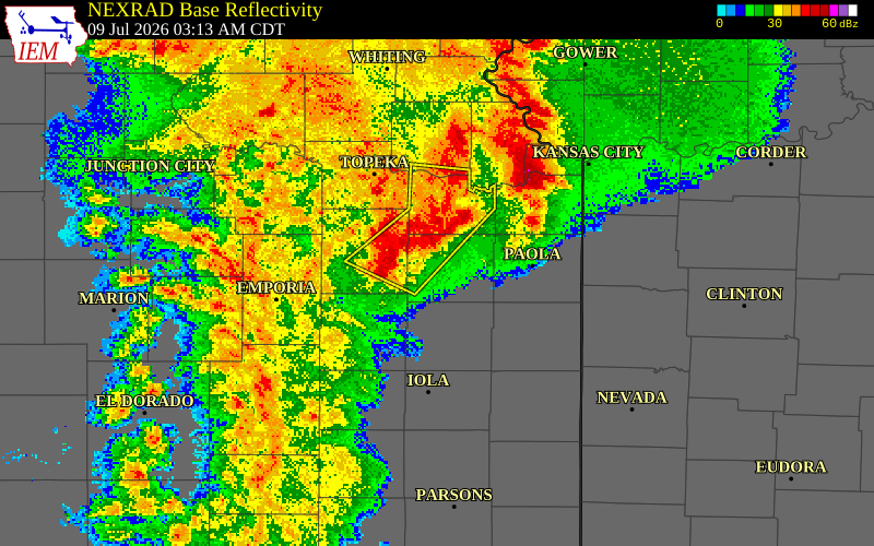 NEXRAD radar during the Thursday, July 9, 2026 storm activity in Franklin County, Kansas