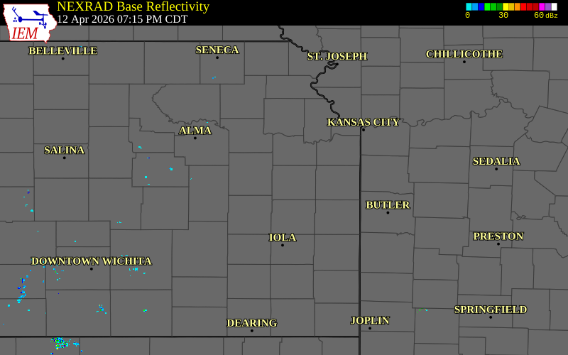 Radar snapshot during the Apr 12, 2026 tornado event near 3 ENE Pomona, Franklin County, Kansas, with NWS warning polygons