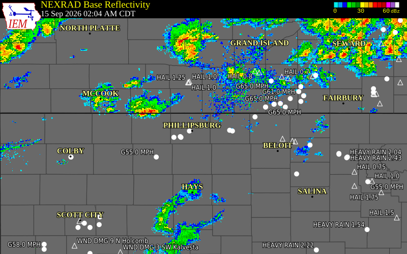 Current NEXRAD radar over Franklin County, Kansas with recent storm report locations