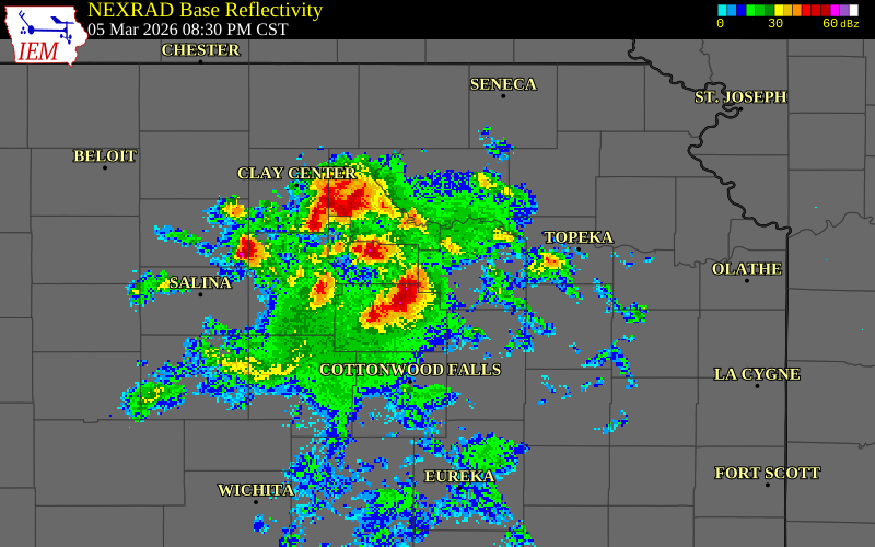 NEXRAD radar during the Thursday, March 5, 2026 storm activity in Geary County, Kansas