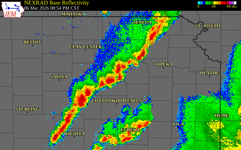 NEXRAD radar during the Friday, March 6, 2026 storm activity in Geary County, Kansas