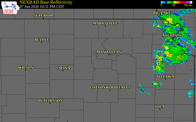 NEXRAD radar during the Sunday, June 7, 2026 storm activity in Geary County, Kansas