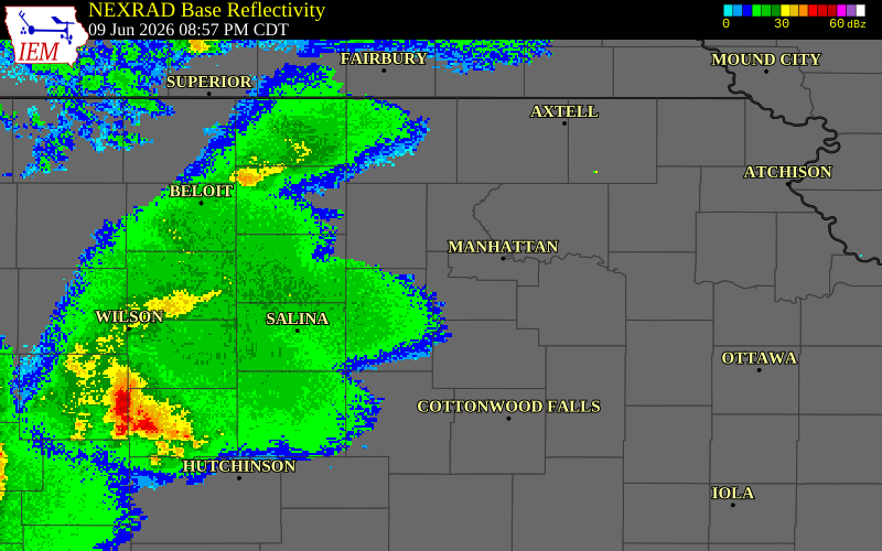 NEXRAD radar during the Tuesday, June 9, 2026 storm activity in Geary County, Kansas