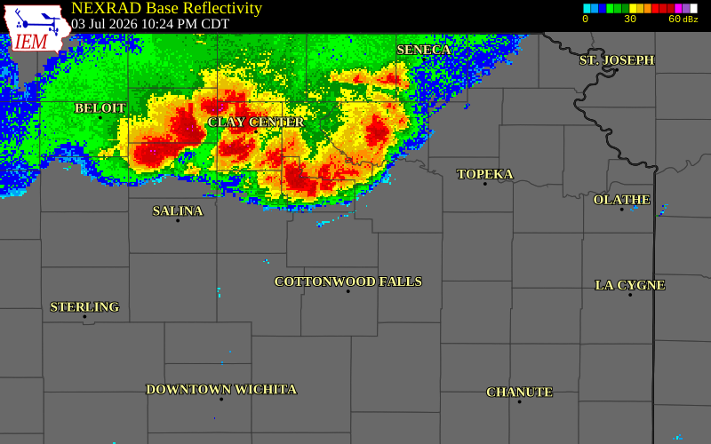 NEXRAD radar during the Friday, July 3, 2026 storm activity in Geary County, Kansas