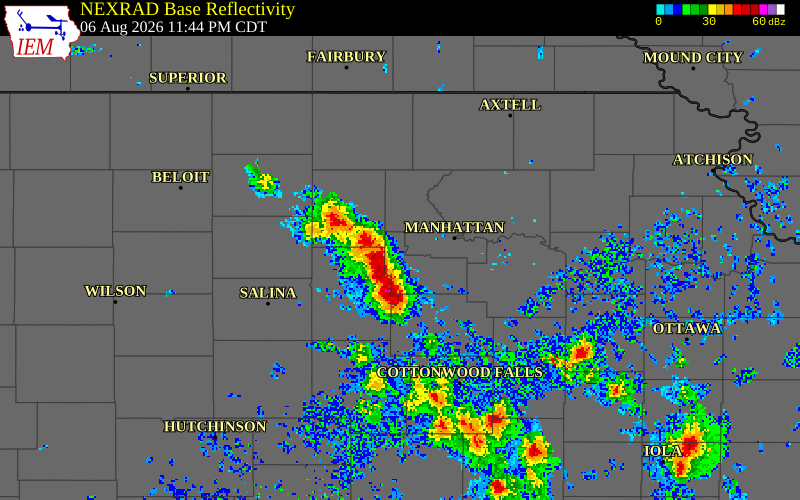 NEXRAD radar during the Thursday, August 6, 2026 storm activity in Geary County, Kansas