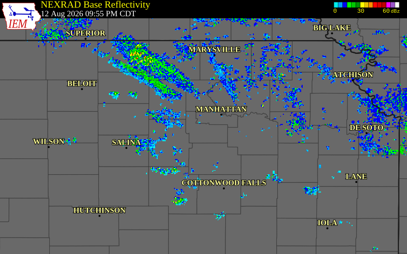 NEXRAD radar during the Wednesday, August 12, 2026 storm activity in Geary County, Kansas
