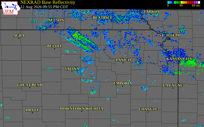 Radar snapshot during the Aug 12, 2026 wind event near 2 NE Grandview Plaza, Geary County, Kansas, with NWS warning polygons